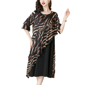 RM21126#贵夫人品牌女装时尚宽松大码裙子豹纹拼接中老年妈妈夏装连衣裙女