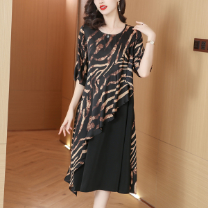 RM21126#贵夫人品牌女装时尚宽松大码裙子豹纹拼接中老年妈妈夏装连衣裙女