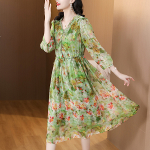 RM17978#真丝连衣裙2023新款品牌桑蚕丝绿色碎花裙高端精致大牌显瘦裙