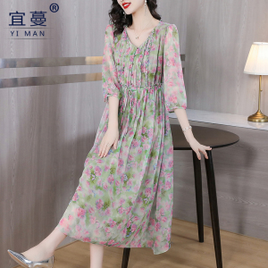 RM17767#欧洲站碎花真丝连衣裙夏2023精致气质印花桑蚕丝显瘦茶歇长裙