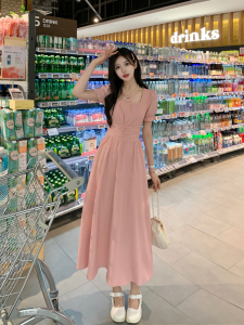 RM18243#大码女装甜美露腰显细感短袖连衣裙胖MM方领藏肉修身显瘦裙