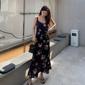 RM21235#夏季新款美式复古美人鱼花卉缎面百搭显瘦长款吊带连衣裙