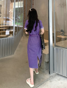 RM19448#夏季新品大码胖MM紫色polo牛仔连衣裙女遮肚裙裙子