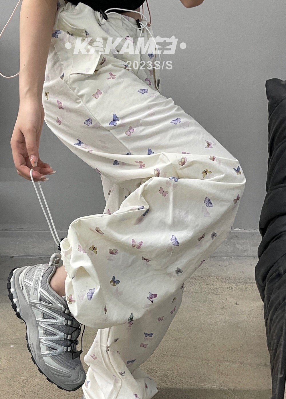White thin overalls women's drawstring butterfly pattern printing chic slimming loose legged straight casual pants trendy