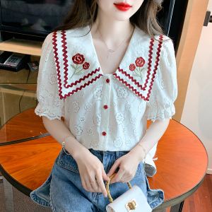 RM18118#夏季山茶花开复古绣花蕾丝衬衫法式娃娃领短袖洋气小衫