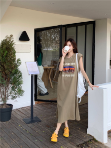 RM17474#韩国chic好质感百搭美式印花无袖T恤连衣裙