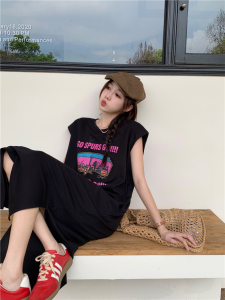 RM17474#韩国chic好质感百搭美式印花无袖T恤连衣裙