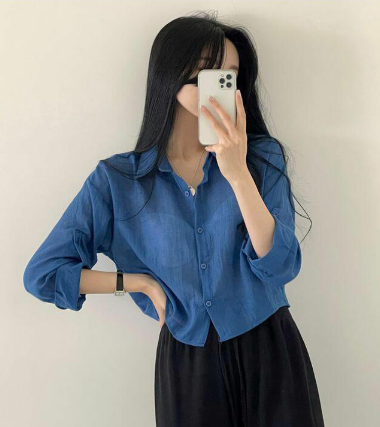 Korean chic age-reducing single-breasted lapel pleated long-sleeved shirt loose short sun protection shirt