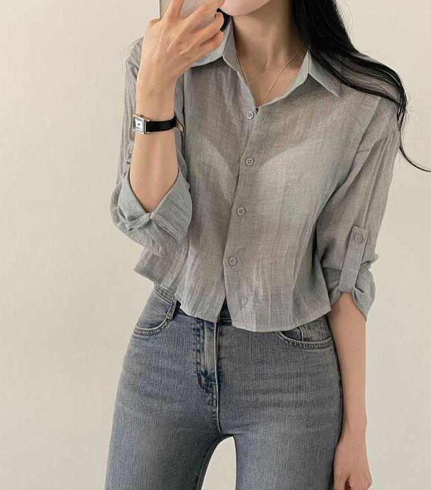 Korean chic age-reducing single-breasted lapel pleated long-sleeved shirt loose short sun protection shirt