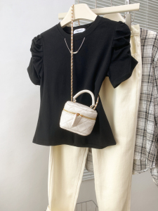 RM17594#短袖t恤女2023夏装洋气独特别致设计高级感泡泡袖修身上衣女