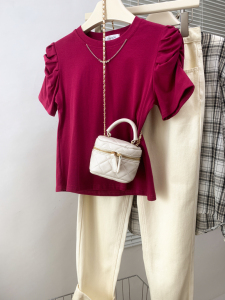 TR45376# 短袖t恤女夏装洋气独特别致设计高级感泡泡袖修身上衣女 服装批发女装批发服饰货源