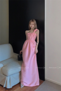 TR45863# 生日礼服裙粉色一字领抹胸蝴蝶结高级感缎面长裙