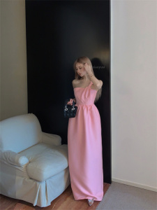 TR45863# 生日礼服裙粉色一字领抹胸蝴蝶结高级感缎面长裙