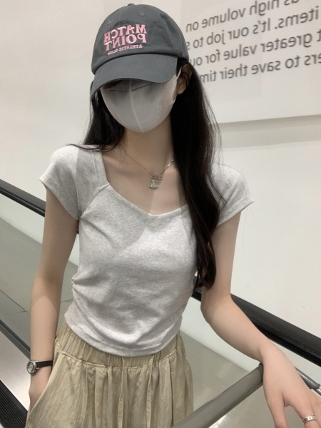 RM17414#夏季韩版修身插肩不规则方领褶皱设计感纯棉短袖T恤上衣