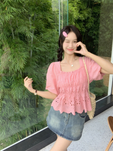 RM20656#夏季新款方领蕾丝镂空短袖衬衫女泡泡袖褶皱上衣