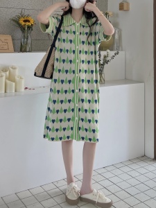 RM17419#茶歇法式文艺少女高级感polo领绿色条纹小爱心连衣裙子
