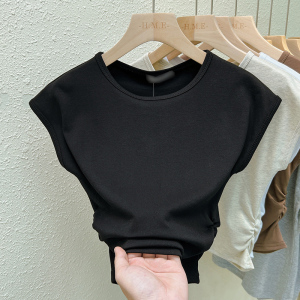 RM19614#法式小飞袖短袖t恤女夏季正肩短款别致设计感小众洋气上衣潮