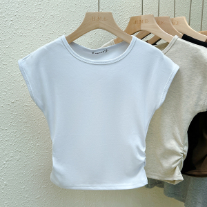 RM19614#法式小飞袖短袖t恤女夏季正肩短款别致设计感小众洋气上衣潮