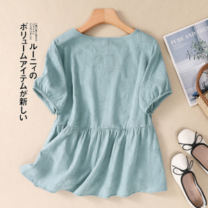 RM21212#棉麻T恤女夏短袖宽松遮肚子显瘦大码提花纯色娃娃衫上衣