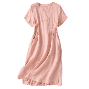 RM21210#夏季新款中长裙洋气妈妈装短袖连衣裙女宽松遮肚显瘦裙子