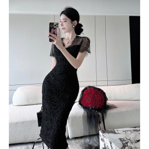 RM20175#女装黑色高级感刺绣蕾丝修身包臀生日聚会礼服连衣裙