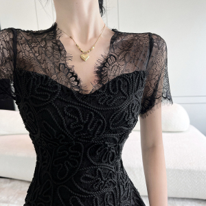 RM20175#女装黑色高级感刺绣蕾丝修身包臀生日聚会礼服连衣裙