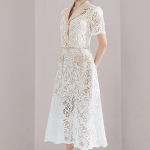 Suit collar top lace water melt floral skirt fashion set