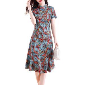 RM19444#夏季新款复古时尚撞色印花气质优雅丝光改良旗袍连衣裙女