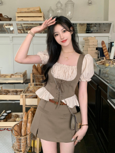 RM18244#大码女装法式假两件复古方领抽绳显瘦衬衫女半身裙裤套装