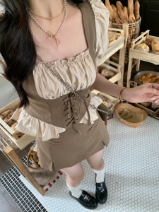 RM18244#大码女装法式假两件复古方领抽绳显瘦衬衫女半身裙裤套装