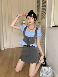 RM18244#大码女装法式假两件复古方领抽绳显瘦衬衫女半身裙裤套装