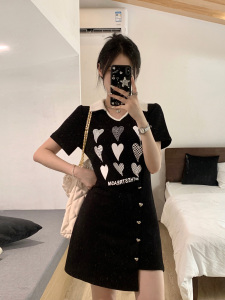 RM18245#大码女装新款胖妹翻领拼色气质爱心重工收腰显瘦连衣裙