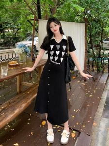 RM18245#大码女装新款胖妹翻领拼色气质爱心重工收腰显瘦连衣裙