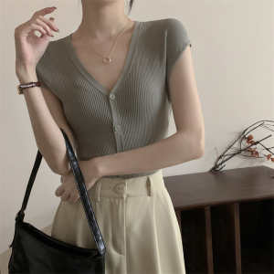 RM17722#曲珠夏季新款短袖针织开衫V领上衣女