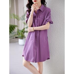 RM18392#紫色polo领休闲短袖连衣裙女夏2023新款欧货宽松气质显瘦衬衫裙子
