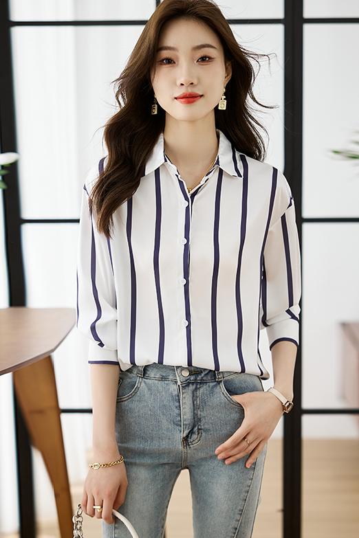 實拍緞面條紋襯衫女春秋款2026新款設計感小眾雪紡上衣百搭襯衣女
