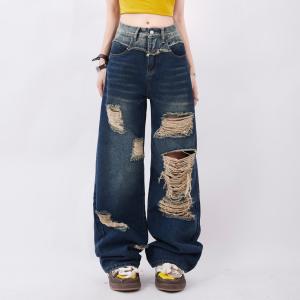 RM17667#Rayohopp牛仔裤女夏季美式高街复古高腰破洞设计辣妹风宽松直筒裤