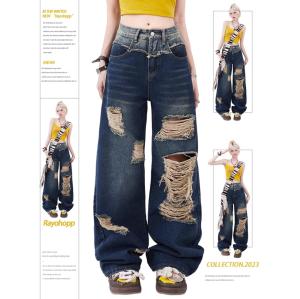 RM17667#Rayohopp牛仔裤女夏季美式高街复古高腰破洞设计辣妹风宽松直筒裤