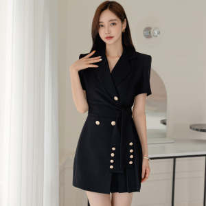 Suit Collar Lace Up Waist Compression Pleated Professional Fashion Dress for Women