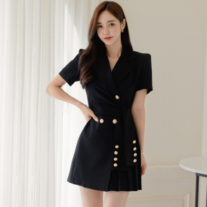 Suit Collar Lace Up Waist Compression Pleated Professional Fashion Dress for Women