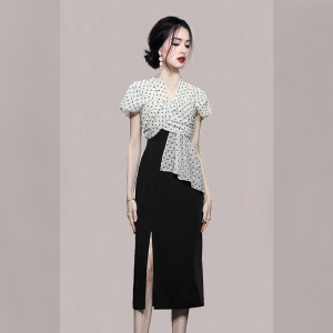 RM17586#夏新款韩版时尚拼接不规则设计感气质修身中长通勤职业包臀裙