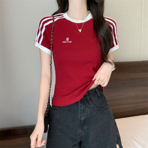 RM20662#宋小恩条纹正肩短袖t恤女夏装设计感辣妹修身显瘦体恤上衣女