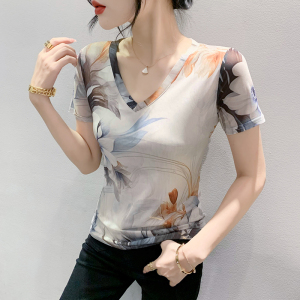 RM22389#夏季时尚纱网印花定位花短袖V领修身显瘦洋气上衣潮