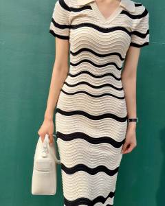TR43954# 韩版INS条纹短袖冰丝针织连衣裙 服装批发女装批发服饰货源