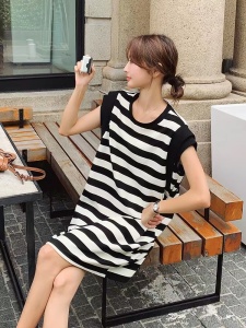 TR44491# 黑白条纹连衣裙女夏季新款小个子时尚小众设计休闲无袖T恤裙 服装批发女装批发服饰货源