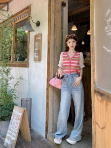 TR39780# 条纹针织衫女夏季韩版小众设计感甜美法式V领短袖上衣 服装批发女装批发服饰货源