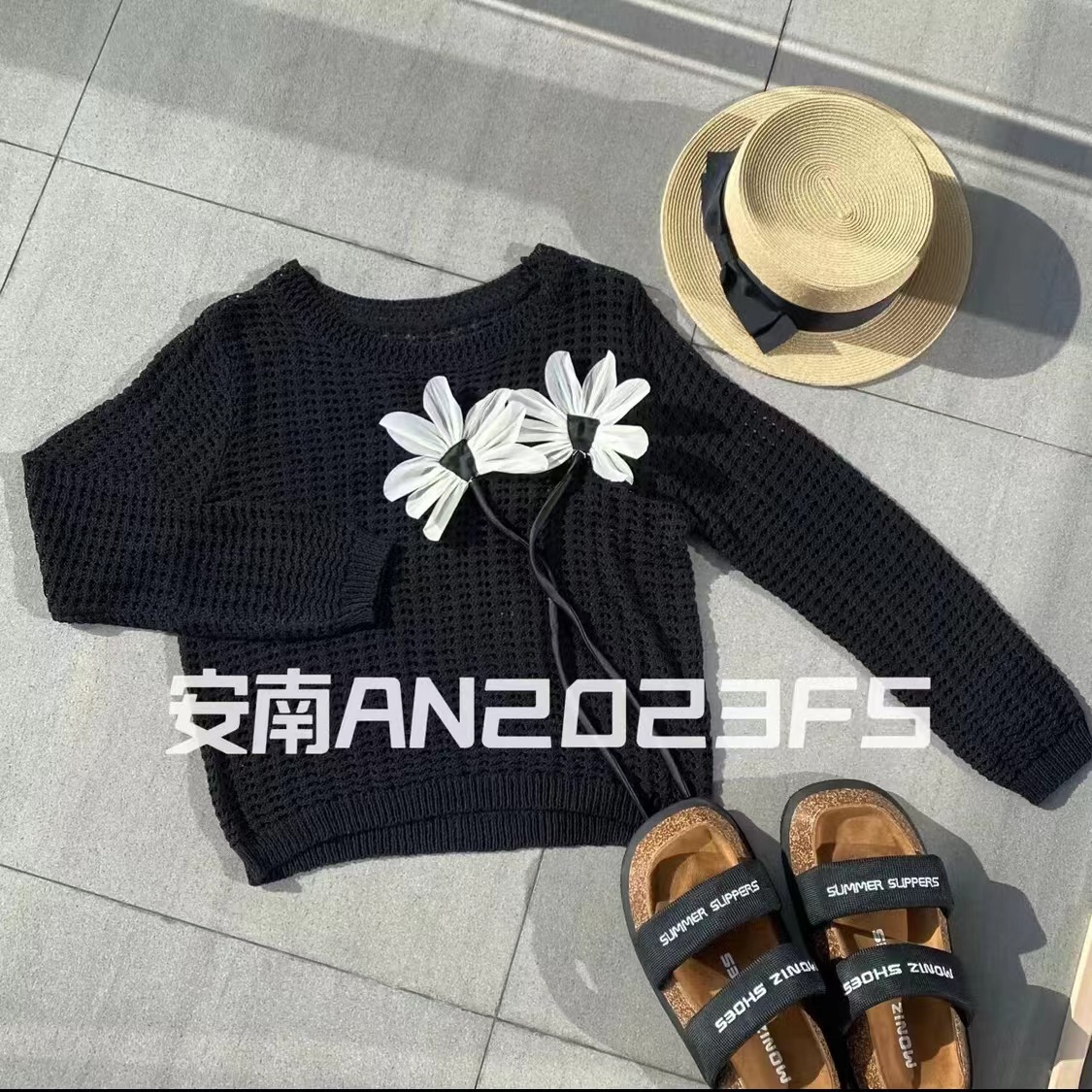 安南AN防晒衫夏天秋季新款韩版设计感立体花朵镂空长袖针织衫