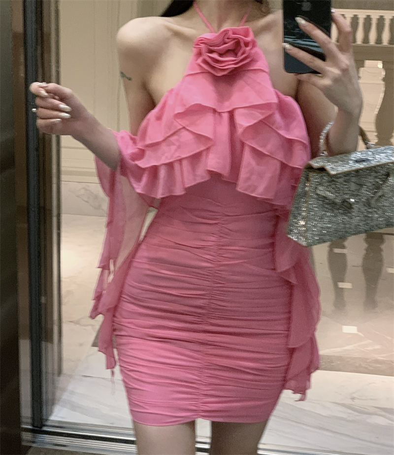 ~Pure Desire Sexy Chiffon Dress Flower Halter Neck Backless Ruffle Pleated Hip Skirt Dress