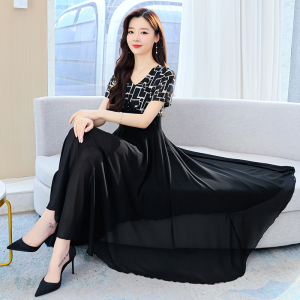 RM24085#夏季黑色雪纺拼接连衣裙女长款到脚踝正式场合超长显瘦大摆假两件