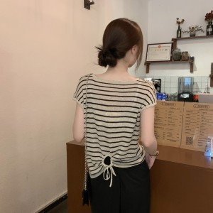 RM18093#夏季韩版宽松条纹系带镂空设计感气质百搭针织短袖上衣